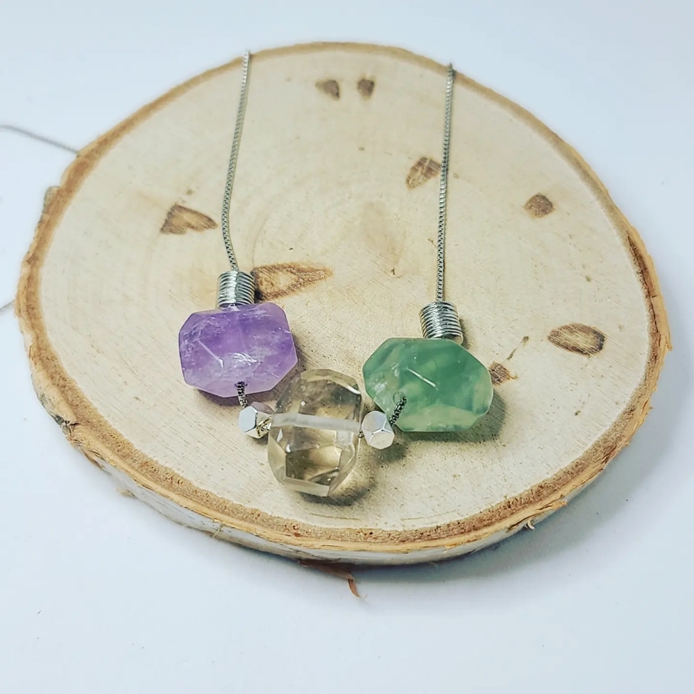 Faceted Amethyst, Smokey Quartz and Prehnite Stainless Steel chain necklace